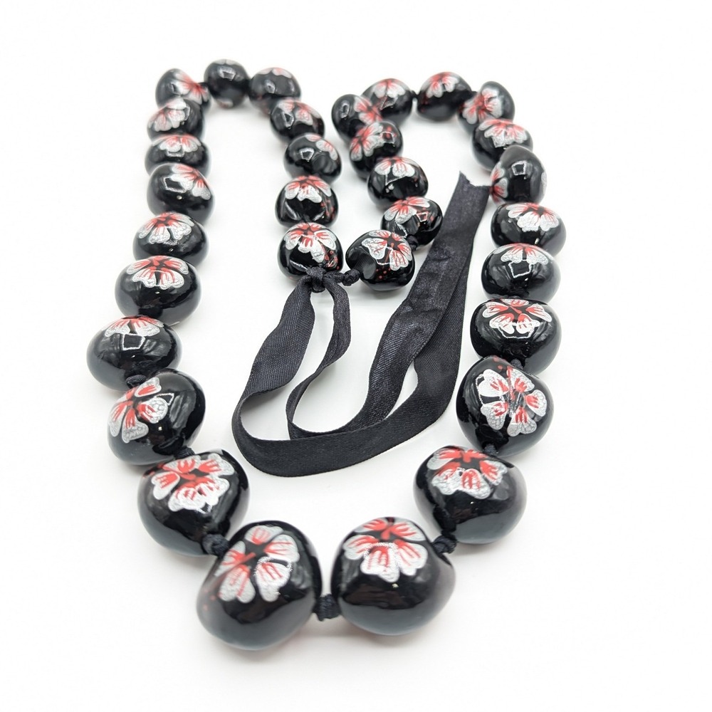 Vintage Black Kukui Nut Lei Necklace Hand Painted Red Silver Hibiscus Floral